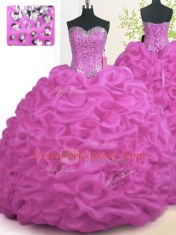 Free and Easy Fuchsia Ball Gowns Beading and Ruffles Ball Gown Prom Dress Lace Up Organza Sleeveless With Train