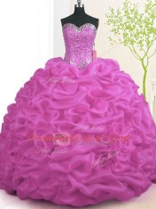 Free and Easy Fuchsia Ball Gowns Beading and Ruffles Ball Gown Prom Dress Lace Up Organza Sleeveless With Train