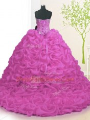 Free and Easy Fuchsia Ball Gowns Beading and Ruffles Ball Gown Prom Dress Lace Up Organza Sleeveless With Train