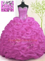Free and Easy Fuchsia Ball Gowns Beading and Ruffles Ball Gown Prom Dress Lace Up Organza Sleeveless With Train