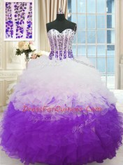 Admirable White And Purple Lace Up Sweetheart Beading and Ruffles Sweet 16 Dress Organza Sleeveless