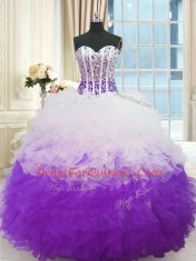 Admirable White And Purple Lace Up Sweetheart Beading and Ruffles Sweet 16 Dress Organza Sleeveless