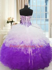 Admirable White And Purple Lace Up Sweetheart Beading and Ruffles Sweet 16 Dress Organza Sleeveless