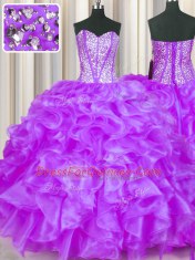 Discount Floor Length Lace Up Quinceanera Gowns Eggplant Purple for Military Ball and Sweet 16 and Quinceanera with Beading and Ruffles
