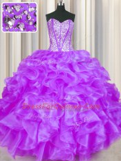 Discount Floor Length Lace Up Quinceanera Gowns Eggplant Purple for Military Ball and Sweet 16 and Quinceanera with Beading and Ruffles