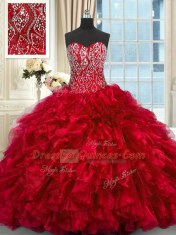 Lace Up 15th Birthday Dress Red for Military Ball and Sweet 16 and Quinceanera with Beading and Ruffles Brush Train