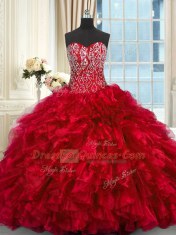 Lace Up 15th Birthday Dress Red for Military Ball and Sweet 16 and Quinceanera with Beading and Ruffles Brush Train