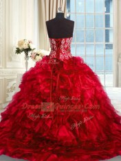 Lace Up 15th Birthday Dress Red for Military Ball and Sweet 16 and Quinceanera with Beading and Ruffles Brush Train