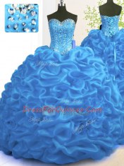 Extravagant With Train Lace Up Vestidos de Quinceanera Blue for Military Ball and Sweet 16 and Quinceanera with Beading and Ruffles Brush Train