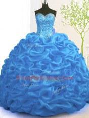 Extravagant With Train Lace Up Vestidos de Quinceanera Blue for Military Ball and Sweet 16 and Quinceanera with Beading and Ruffles Brush Train