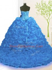 Extravagant With Train Lace Up Vestidos de Quinceanera Blue for Military Ball and Sweet 16 and Quinceanera with Beading and Ruffles Brush Train