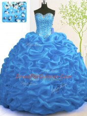 Extravagant With Train Lace Up Vestidos de Quinceanera Blue for Military Ball and Sweet 16 and Quinceanera with Beading and Ruffles Brush Train