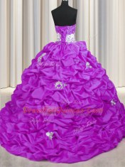Lilac Lace Up Sweetheart Appliques and Sequins and Pick Ups Quinceanera Gown Taffeta Sleeveless Brush Train