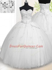Sleeveless Tulle Floor Length Lace Up Quinceanera Dress in White with Beading and Appliques