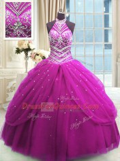 Sleeveless Tulle Floor Length Lace Up Vestidos de Quinceanera in Fuchsia with Beading