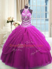 Sleeveless Tulle Floor Length Lace Up Vestidos de Quinceanera in Fuchsia with Beading