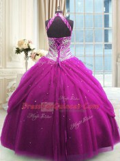 Sleeveless Tulle Floor Length Lace Up Vestidos de Quinceanera in Fuchsia with Beading