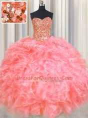 Halter Top Sleeveless Lace Up Floor Length Beading and Ruffles Ball Gown Prom Dress