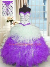 Fitting Sleeveless Organza Floor Length Lace Up Quinceanera Gown in White And Purple with Beading and Ruffles