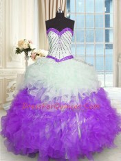 Fitting Sleeveless Organza Floor Length Lace Up Quinceanera Gown in White And Purple with Beading and Ruffles