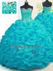 Aqua Blue Sleeveless Organza Brush Train Lace Up Ball Gown Prom Dress for Military Ball and Sweet 16 and Quinceanera