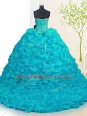 Aqua Blue Sleeveless Organza Brush Train Lace Up Ball Gown Prom Dress for Military Ball and Sweet 16 and Quinceanera