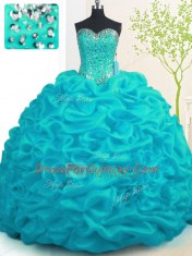 Aqua Blue Sleeveless Organza Brush Train Lace Up Ball Gown Prom Dress for Military Ball and Sweet 16 and Quinceanera