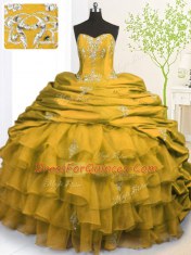Strapless Sleeveless Organza and Taffeta 15 Quinceanera Dress Beading and Appliques and Ruffled Layers and Pick Ups Brush Train Lace Up