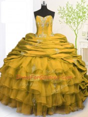 Strapless Sleeveless Organza and Taffeta 15 Quinceanera Dress Beading and Appliques and Ruffled Layers and Pick Ups Brush Train Lace Up