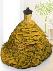 Strapless Sleeveless Organza and Taffeta 15 Quinceanera Dress Beading and Appliques and Ruffled Layers and Pick Ups Brush Train Lace Up