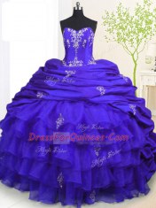 Modest Royal Blue Sleeveless With Train Beading and Appliques and Ruffled Layers and Pick Ups Lace Up Quinceanera Dresses