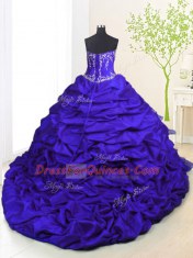 Modest Royal Blue Sleeveless With Train Beading and Appliques and Ruffled Layers and Pick Ups Lace Up Quinceanera Dresses