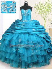 Affordable Teal Ball Gowns Organza and Taffeta Strapless Sleeveless Beading and Appliques and Ruffled Layers and Pick Ups With Train Lace Up Vestidos de Quinceanera Brush Train