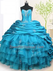 Affordable Teal Ball Gowns Organza and Taffeta Strapless Sleeveless Beading and Appliques and Ruffled Layers and Pick Ups With Train Lace Up Vestidos de Quinceanera Brush Train