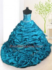 Affordable Teal Ball Gowns Organza and Taffeta Strapless Sleeveless Beading and Appliques and Ruffled Layers and Pick Ups With Train Lace Up Vestidos de Quinceanera Brush Train