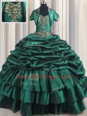 New Style Peacock Green Ball Gowns Taffeta Sweetheart Sleeveless Beading and Appliques and Pick Ups With Train Lace Up Sweet 16 Dress Brush Train