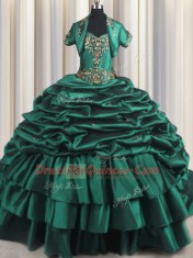 New Style Peacock Green Ball Gowns Taffeta Sweetheart Sleeveless Beading and Appliques and Pick Ups With Train Lace Up Sweet 16 Dress Brush Train