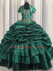 New Style Peacock Green Ball Gowns Taffeta Sweetheart Sleeveless Beading and Appliques and Pick Ups With Train Lace Up Sweet 16 Dress Brush Train
