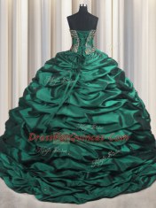 New Style Peacock Green Ball Gowns Taffeta Sweetheart Sleeveless Beading and Appliques and Pick Ups With Train Lace Up Sweet 16 Dress Brush Train