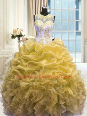 Traditional Gold Zipper Scoop Beading and Ruffles 15 Quinceanera Dress Organza Sleeveless