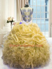 Traditional Gold Zipper Scoop Beading and Ruffles 15 Quinceanera Dress Organza Sleeveless