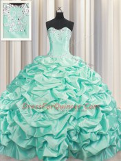 Brush Train Apple Green Taffeta Lace Up Sweetheart Sleeveless Floor Length Quinceanera Gowns Beading and Pick Ups