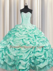 Brush Train Apple Green Taffeta Lace Up Sweetheart Sleeveless Floor Length Quinceanera Gowns Beading and Pick Ups