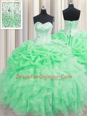 Inexpensive Visible Boning Sweetheart Sleeveless Vestidos de Quinceanera Floor Length Beading and Ruffles and Pick Ups Apple Green Organza