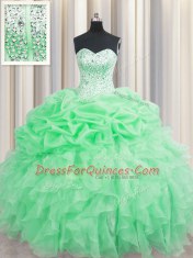 Inexpensive Visible Boning Sweetheart Sleeveless Vestidos de Quinceanera Floor Length Beading and Ruffles and Pick Ups Apple Green Organza