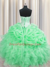 Inexpensive Visible Boning Sweetheart Sleeveless Vestidos de Quinceanera Floor Length Beading and Ruffles and Pick Ups Apple Green Organza