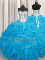 Wonderful Sweetheart Long Sleeves Lace Up Quince Ball Gowns Aqua Blue Organza