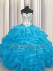 Wonderful Sweetheart Long Sleeves Lace Up Quince Ball Gowns Aqua Blue Organza