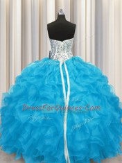 Wonderful Sweetheart Long Sleeves Lace Up Quince Ball Gowns Aqua Blue Organza