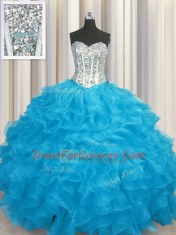 Wonderful Sweetheart Long Sleeves Lace Up Quince Ball Gowns Aqua Blue Organza